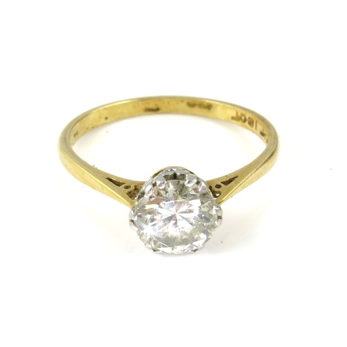 636 - SOLITAIRE DIAMOND RING, BRILLIANT CUT STONE APPROX. 1.5 cts SET IN A PLATINUM MOUNT ON AN 18CT YELLO... 