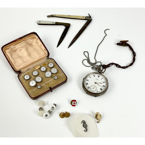 433 - WALTHAM SILVER CASED OPEN FACE POCKET WATCH TOGETHER WITH A CASED SET OF SILVER AND MOTHER OF PEARL ... 