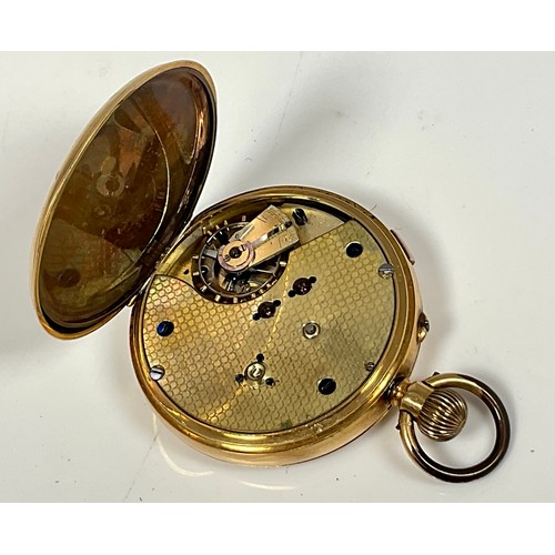 440 - 18CT GOLD OPEN FACE POCKET WATCH, ENAMELLED DIAL, SWEEP SECOND HAND, LOOSE GLASS, APPROX. 105g gross