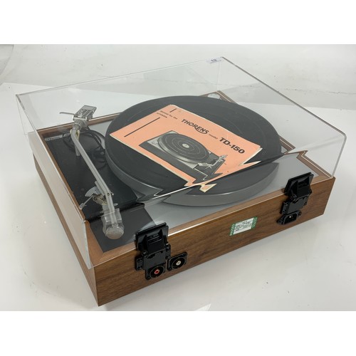 83 - THORENS RECORD DECK TD-150 RECENT CUSTOM  SOLID CHERRY PLINTH AND ALUMINIUM BASE TOGETHER WITH ISOLA... 