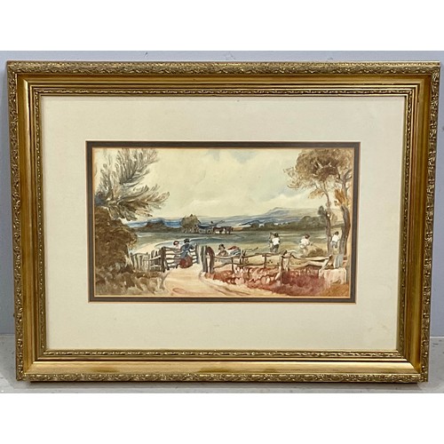 16 - 19TH CENTURY STYLE WATERCOLOUR DEPICTING RURAL SCENE, APPROX. 33 X 20 cm