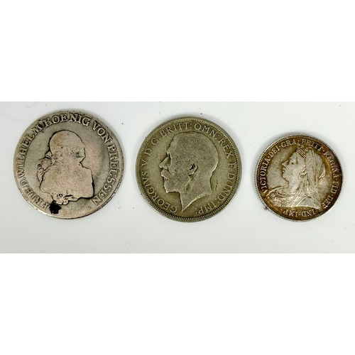 329 - MISC. COINS INCLUDING ‘SILVER’ AND 2, 20 FRANC BANKNOTES