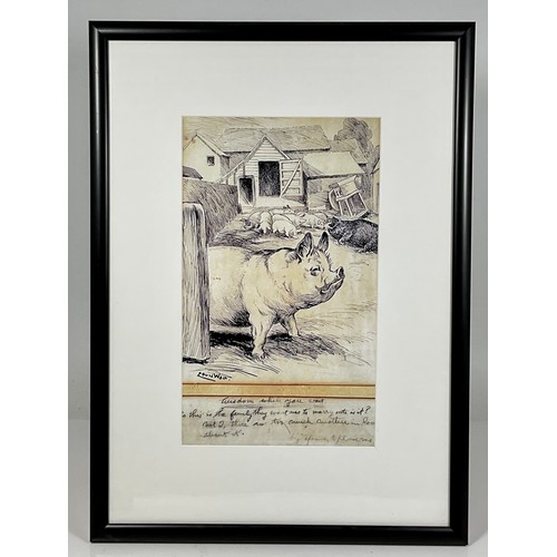1 - PICTURE DEPICTING A PIG SIGNED LOUIS WAIN WITH NOTE BELOW, approx. 24 x 41 cm