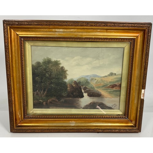14 - FRAMED OIL PAINTING OF A MOUNTAIN & RIVER SCENE,34 X 24 CM, SIG EHH 1918, , SIMILAR OF STREAM & HILL... 
