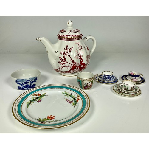 189 - 3 COALPORT MINIATURE TRIOS, COALPORT INDIAN TREE CORAL TEAPOT TOGETHER WITH A LIMOGES CUP, HAND PAIN... 
