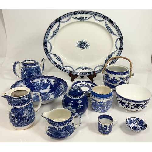 168 - BLUE & WHITE CHINA, MEAT PLATE, BOWLS, SAUCERS , COALPORT, ABBEY, COPELAND