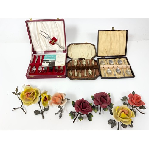 160 - CAPODIMONTE PORCELAIN FLOWERS ON METAL STEMS  WITH 3  BOXED  CUTLERY