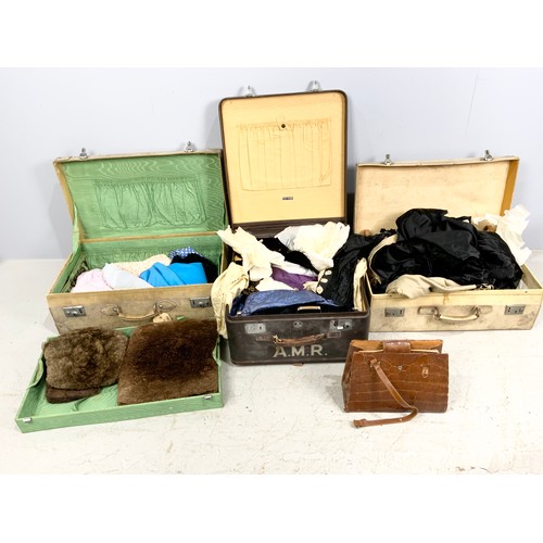 333 - 3 VINTAGE SUITCASES WITH VINTAGE CLOTHING AND A HANDBAG