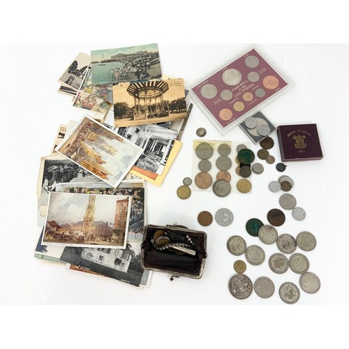 101 - BOX OF MISCELLANEOUS EPHEMERA INCLUDING REAL PHOTO AND OTHER POSTCARDS, PRE DECIMAL COINS INC. VICTO... 