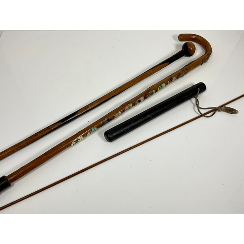 374 - COSH, MEASURING STICK, AFRICAN STICK AND ONE OTHER WITH ALPINE CRESTS