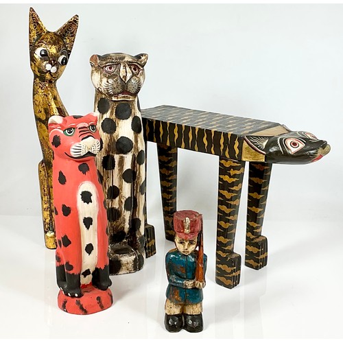 364 - 3 MODERN WOODEN CAT MODELS AND A CAT STOOL TOGETHER WITH A WOODEN SOLDIER