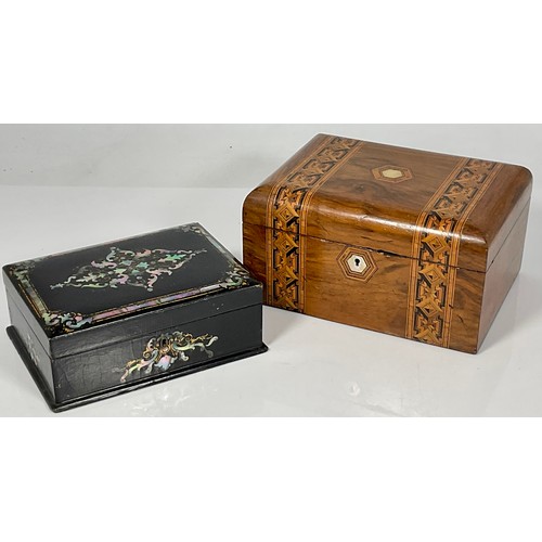 355 - 2 BOXES, TUNBRIDGE WARE AND A LACQUERED MOTHER OF PEARL INLAID PAPIER MACHE SEWING BOX