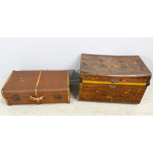 331 - TIN TRUNK AND  A BANDED SUITCASE