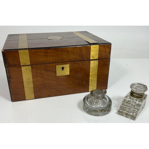 361 - BRASS BOUND WRITING BOX WITH TWO INK BOTTLE