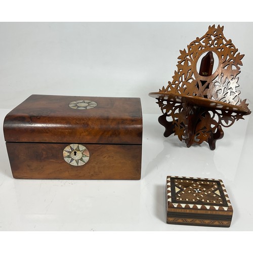 359 - SEWING BOX WITH CONTENTS, MOTHER OF PEARL INLAY PLUS A SMALLER TREEN BOX