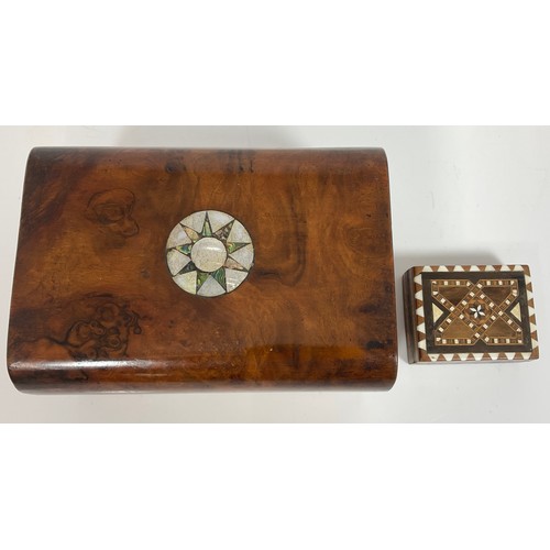 359 - SEWING BOX WITH CONTENTS, MOTHER OF PEARL INLAY PLUS A SMALLER TREEN BOX