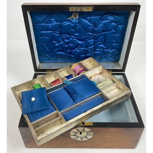 359 - SEWING BOX WITH CONTENTS, MOTHER OF PEARL INLAY PLUS A SMALLER TREEN BOX