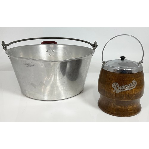 329 - SWAN BRAND ALUMINIUM JAM KETTLE, OAK BISCUIT BARREL