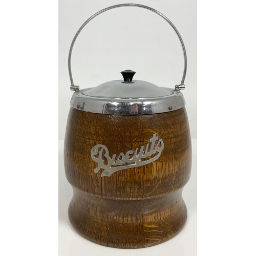 329 - SWAN BRAND ALUMINIUM JAM KETTLE, OAK BISCUIT BARREL