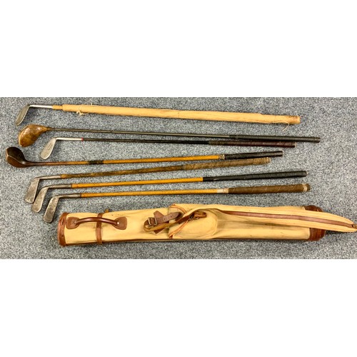 407 - VINTAGE GOLF CLUBS, 5 HICKORY SHAFTS, PLUS TWO OTHERS & A VINTAGE BAG