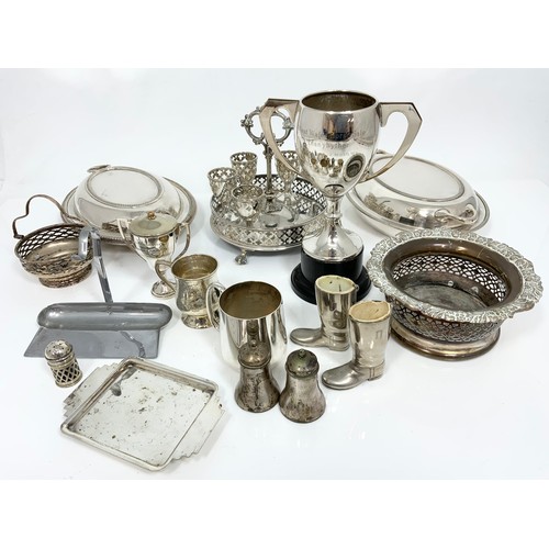 469 - PLATED WARE INC. BOTTLE COASTER, TROPHIES, CRUETS ETC.