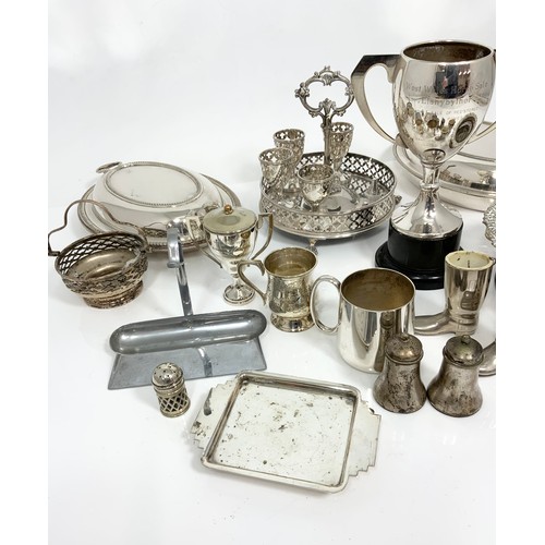 469 - PLATED WARE INC. BOTTLE COASTER, TROPHIES, CRUETS ETC.