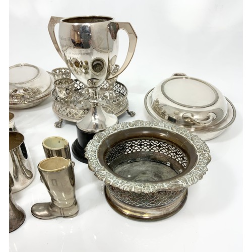 469 - PLATED WARE INC. BOTTLE COASTER, TROPHIES, CRUETS ETC.