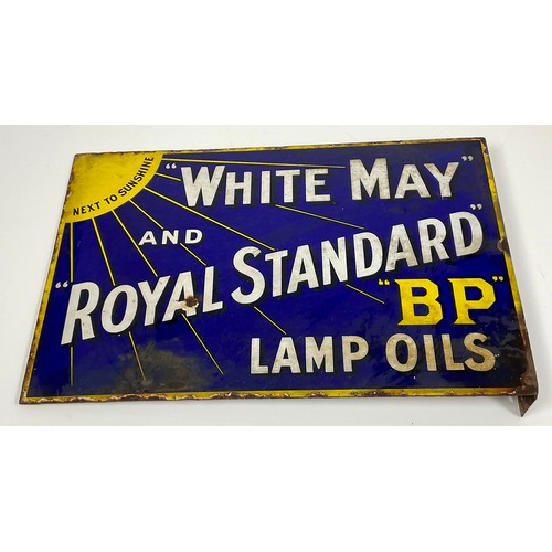 1 - ENAMEL ADVERTISING SIGN, WHITE MAY & ROYAL STANDARD LAMP OILS, DOUBLE SIDED WITH CORNER BRACKET, APP... 