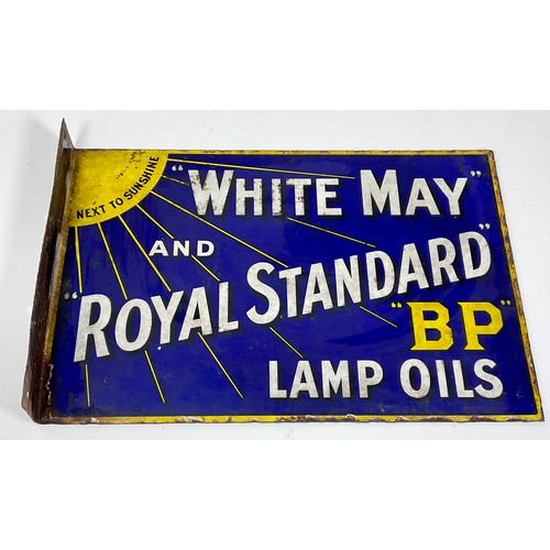 1 - ENAMEL ADVERTISING SIGN, WHITE MAY & ROYAL STANDARD LAMP OILS, DOUBLE SIDED WITH CORNER BRACKET, APP... 