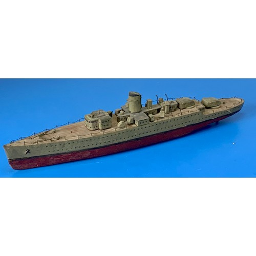 10 - WOODEN HOME MADE MODEL OF A GERMAN WARSHIP NAMED 'DEUTSCHLAND', APPROX. 66CM LONG, FRONT TURRET MISS... 