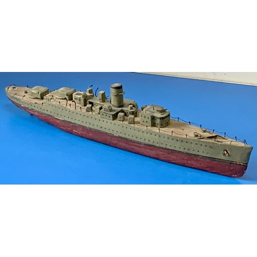 10 - WOODEN HOME MADE MODEL OF A GERMAN WARSHIP NAMED 'DEUTSCHLAND', APPROX. 66CM LONG, FRONT TURRET MISS... 