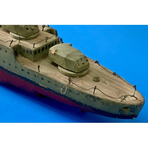 10 - WOODEN HOME MADE MODEL OF A GERMAN WARSHIP NAMED 'DEUTSCHLAND', APPROX. 66CM LONG, FRONT TURRET MISS... 