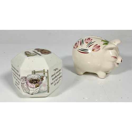 174 - PIGGY BANK WITH LARGE QUANTITY OF 5P COIN CONTENTS, AND A WEDGEWOOD MRS TIGGYWINKLE NOVELTY MONEY BO... 