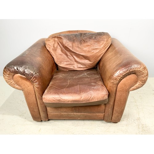 644 - VINTAGE LEATHER WIDE SCROLL ARM CHAIR