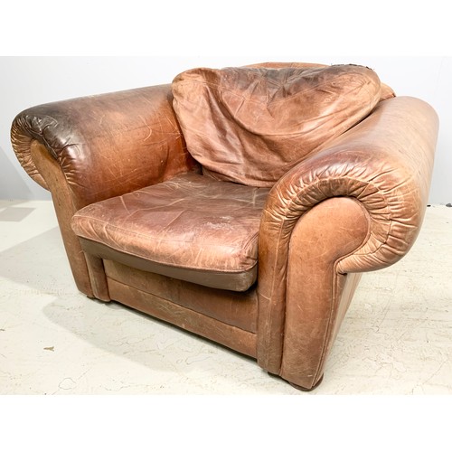 644 - VINTAGE LEATHER WIDE SCROLL ARM CHAIR