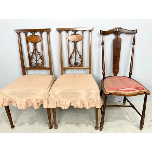 649 - PAIR OF INLAID MAHOGANY BEDROOM CHAIRS AND A SPLAT BACK CHAIR