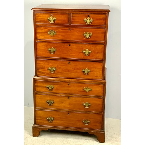 620 - SMALL MAHOGANY CHEST ON CHEST WITH BRASS SWAN NECK HANDLES AND BRACKET FEET, 132 CM TALL, 70 CM WIDE