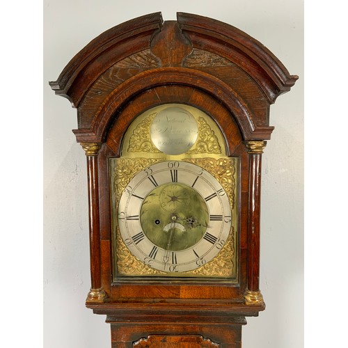 282 - NATHANIAL PLIMER WELLINGTON LONG CASE CLOCK HAVING ARCHED POLISHED BRASS DIAL AND 8 DAY MOVEMENT