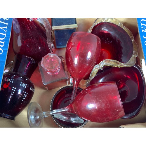 246 - TWO TRAYS OF COLOURED GLASS, BLUE & RED GLASSES, & DECORATIVE RED GLASS