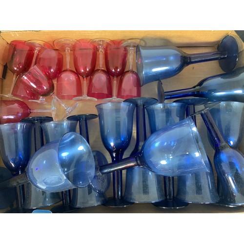 246 - TWO TRAYS OF COLOURED GLASS, BLUE & RED GLASSES, & DECORATIVE RED GLASS