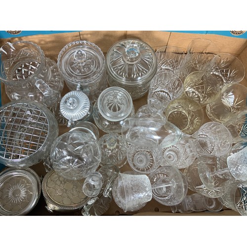 239 - 2 TRAYS OF MIXED GLASS, TUMBLERS, GOBLETS, WINES, & HEAVY GLASS