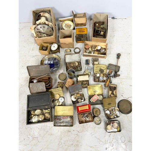 406 - A LARGE BOX OF WATCH AND CLOCK MAKERS, REPAIRERS PARTS, TOOLS & SUNDRIES