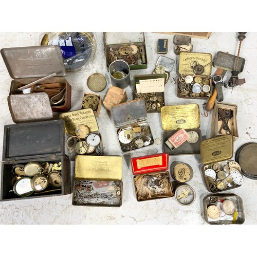 406 - A LARGE BOX OF WATCH AND CLOCK MAKERS, REPAIRERS PARTS, TOOLS & SUNDRIES