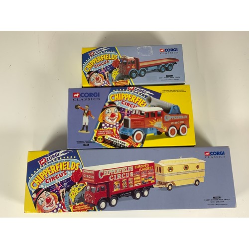 150 - CORGI CLASSICS SERIES, CHIPPERFIELDS CIRCUS, 3 BOXED MODELS 87957 ERF 8 WHEEL RIGID TRUCK, 17801 SCA... 