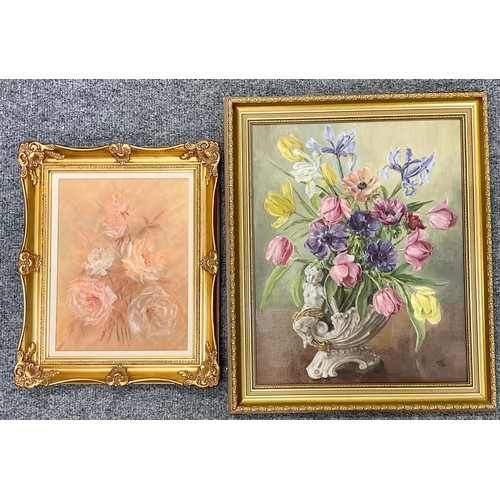 4 - FRAMED OIL FLOWERS IN A SHELL BOWL SIG JC APPROX 39 X 62 CM, T/W LOVEDY JAMES BUNCH OF ROSES APPROX ... 