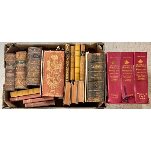 70 - BIBLES, LEATHER BINDING, CASED SET OF BURKES PEERAGE AND ONE OTHER ETC.