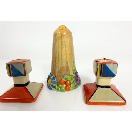 117 - CLARICE CLIFF BIZARRE MY GARDEN SIFTER AND PAIR OF ART DECO CANDLESTICKS