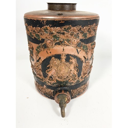 136 - LARGE STONEWARE GIN BARREL WITH RELIEF DECORATION AND TAP 31cm TALL