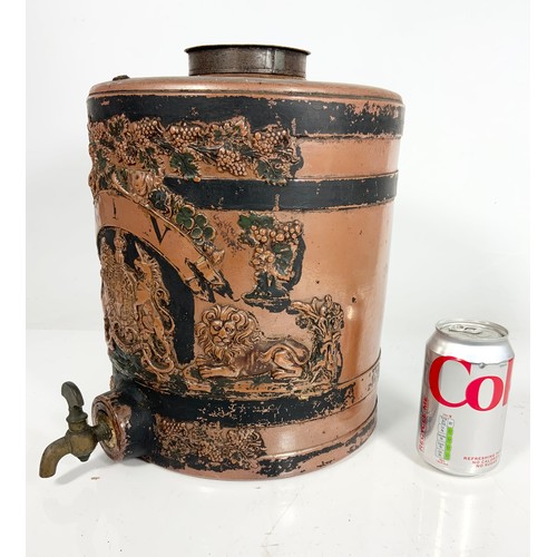 136 - LARGE STONEWARE GIN BARREL WITH RELIEF DECORATION AND TAP 31cm TALL