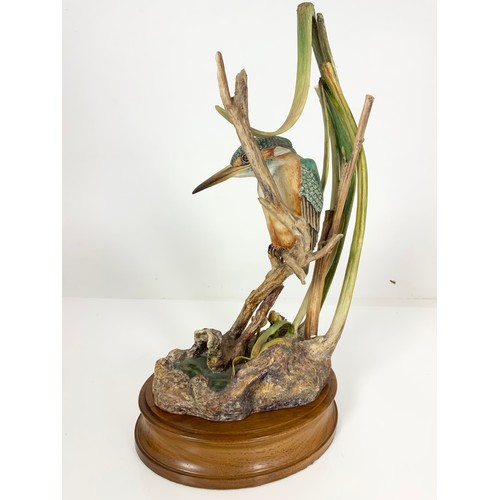 108 - HEREFORD FINE CHINA LIMITED EDITION MODEL OF A KINGFISHER, 36 / 250, ON WOODEN PLINTH WITH FRAMED CE... 